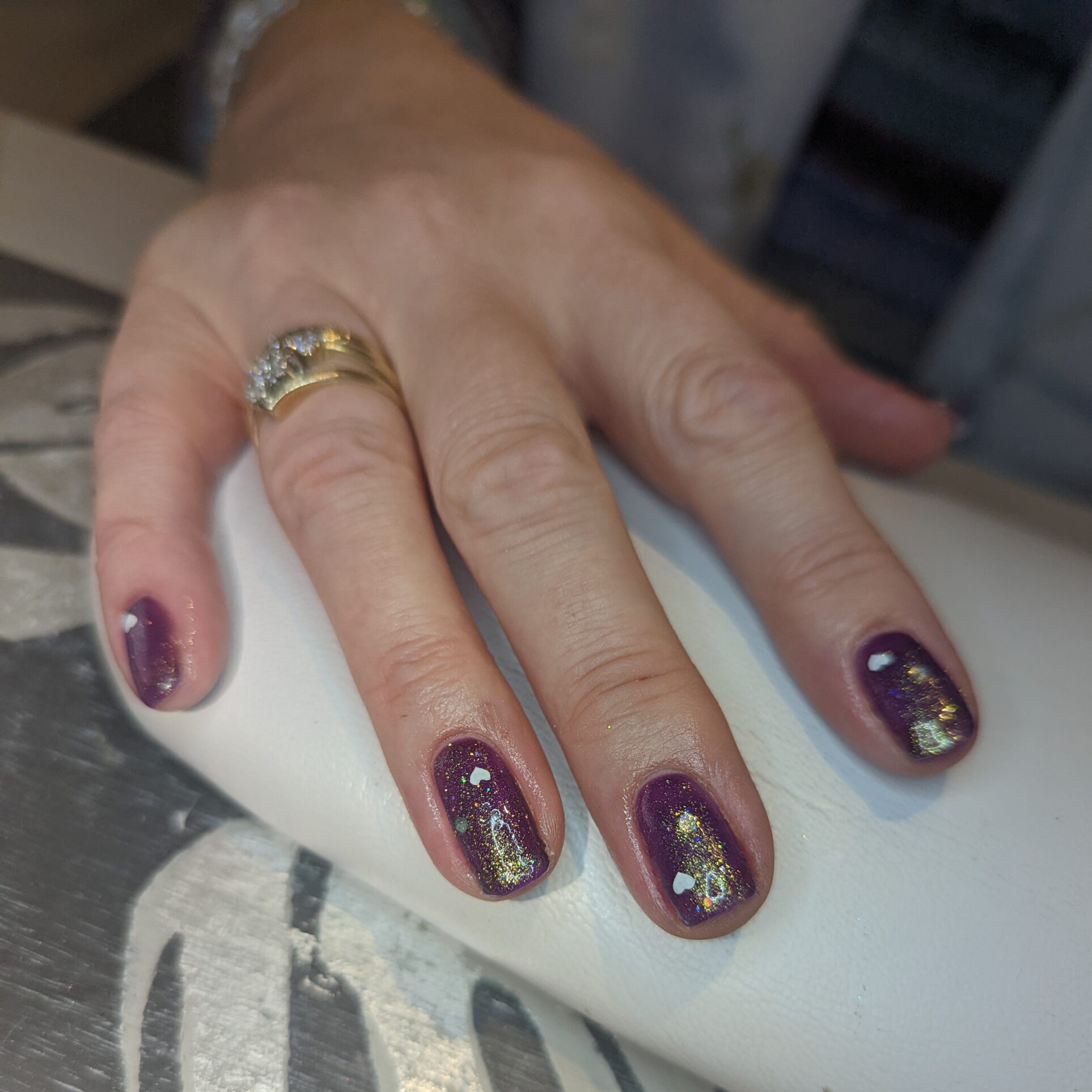 Bio Sculpture Amethyst nails with sparkles and tiny heart detail